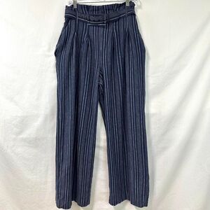 ANTONIO MELANI Linen Navy White Striped High Rise Wide Leg Pants Belted Womens 6